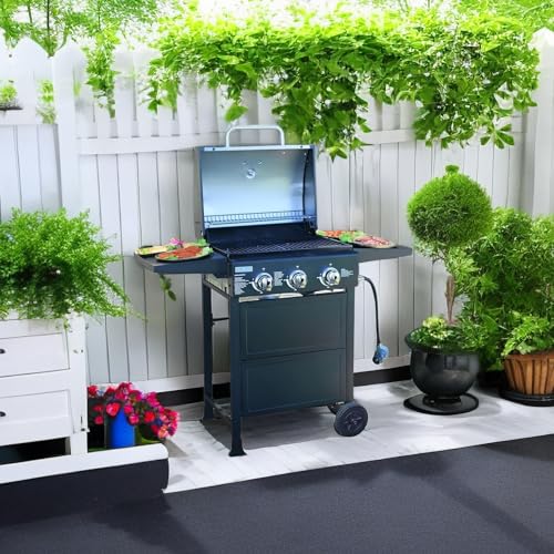 3 burner propane gas grill with thermometer and foldable rack L9028
