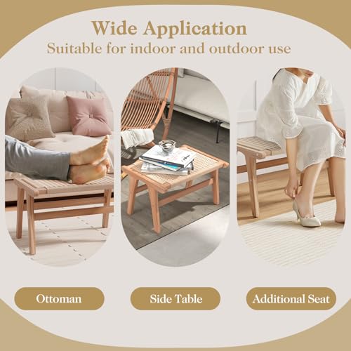 Teak Wood Ottoman Footstool with Braided Rope, 14" H B563