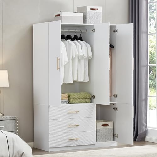 White 4 Door 3 Drawer Wardrobe Closet with Hanging Rod and Shelves R44132