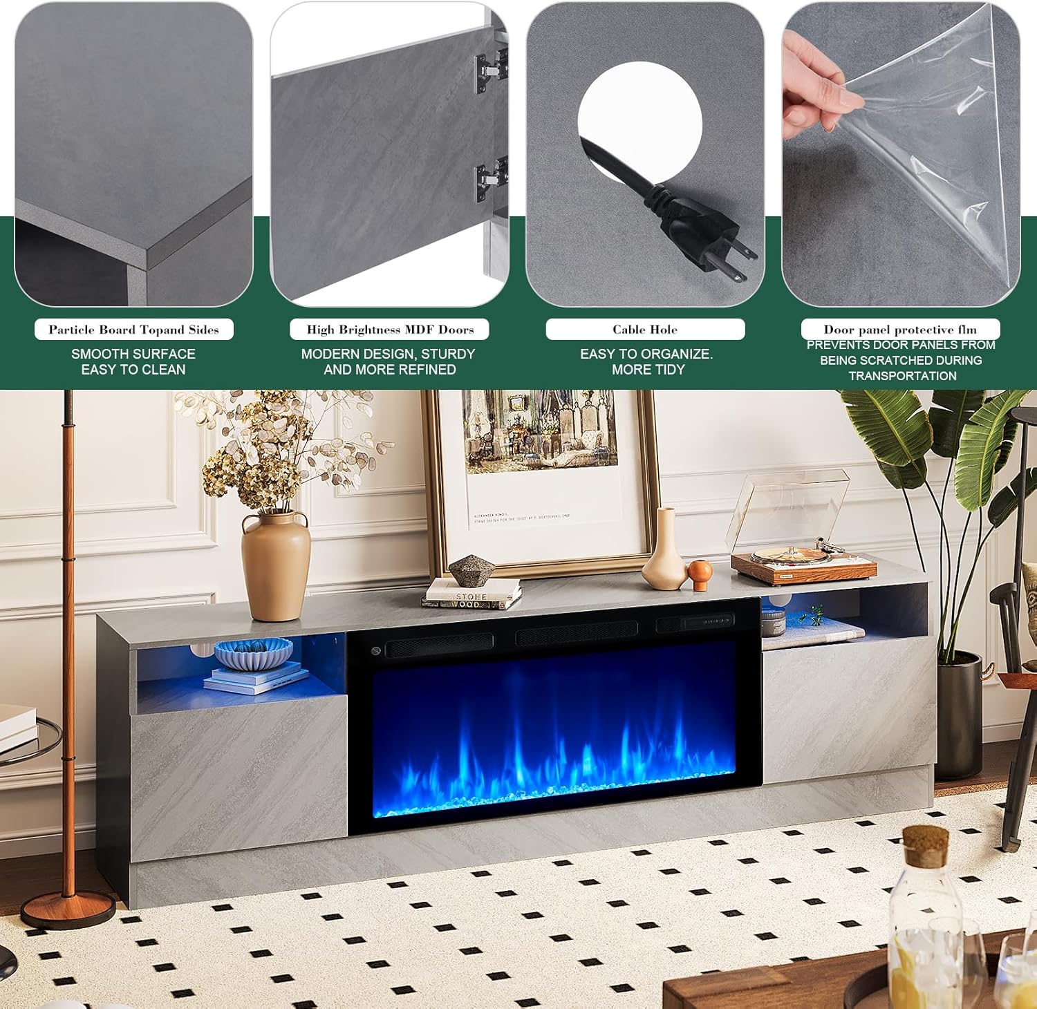 Electric Fireplace TV Stand for TVs Up to 80 Inch, Gray Wood Finish U91158
