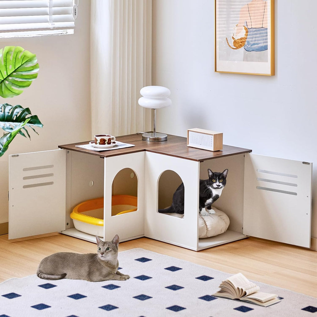 Corner Litter Box Enclosure for Two Cats, Hidden Cabinet with Double Room, White Q645