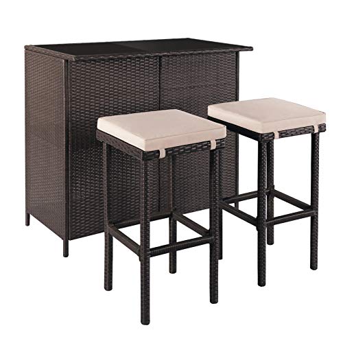 Outdoor Bar Set 3-Piece Brown Wicker Patio Furniture with Glass Top and Two Stools P403769