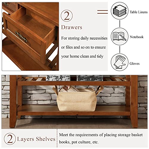 Console Sofa Table with 2 Storage Drawers and 2-Tier Shelves, Solid Wood, Antique White B488324