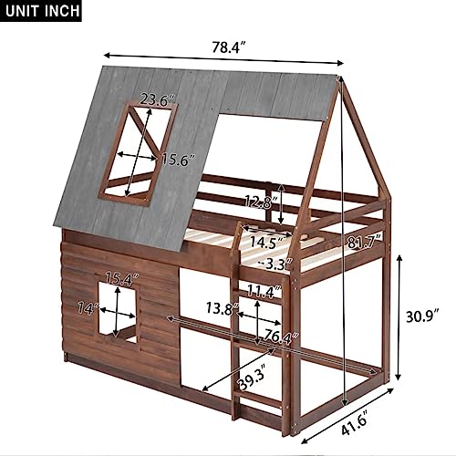 Twin Over Twin Bunk Bed House Shaped with Roof and 2 Windows, Wood Frame, Oak & Smoky Grey V436324