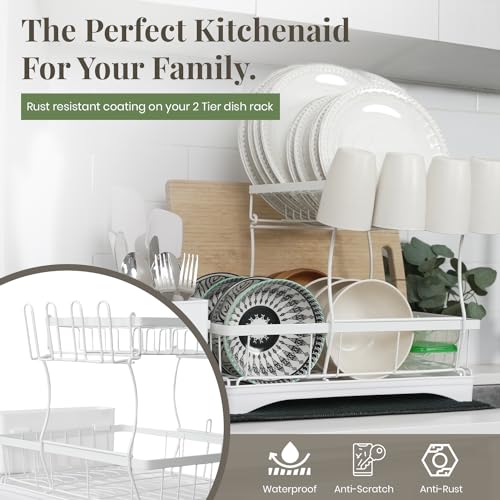 White 2-Tier Dish Drying Rack with Drainboard, Rust Resistant Metal L522