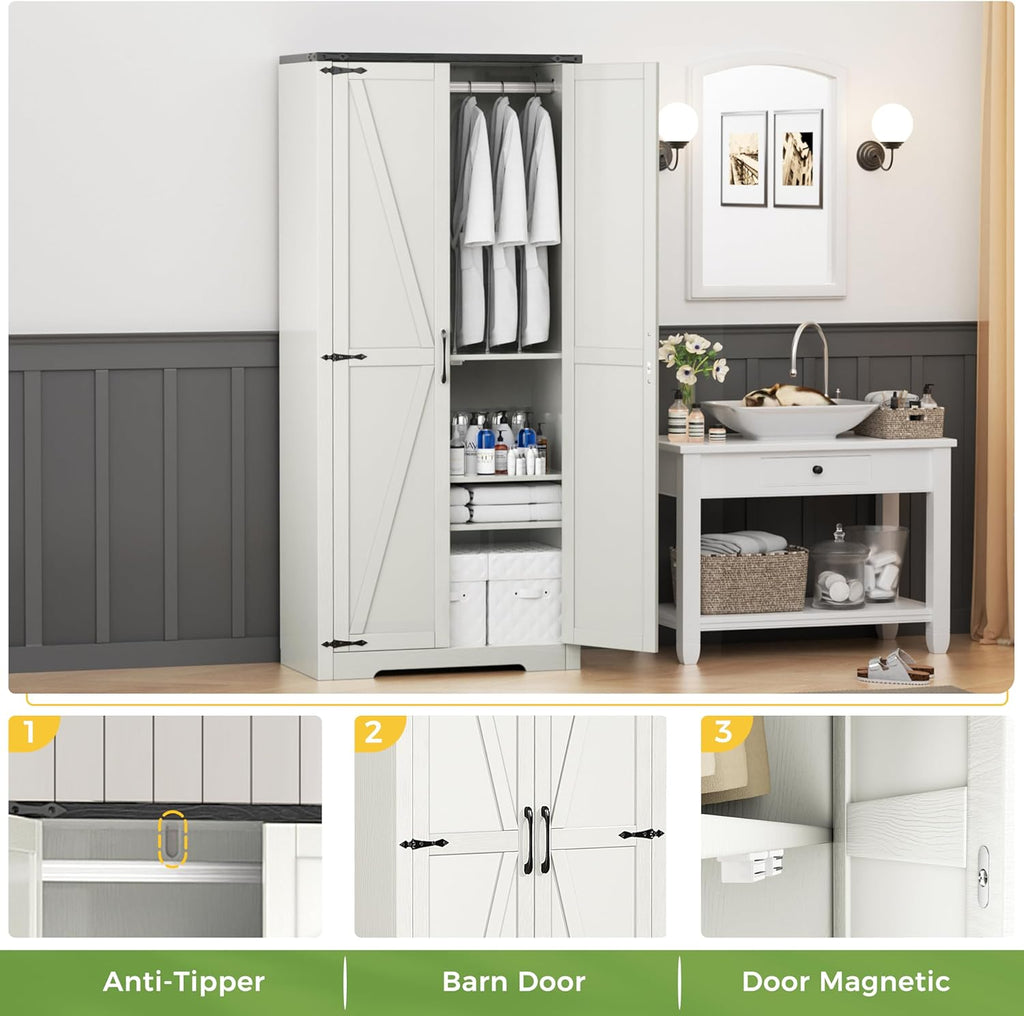 Wardrobe Closet with Doors, White Storage Cabinet with Hanging Rod R927973