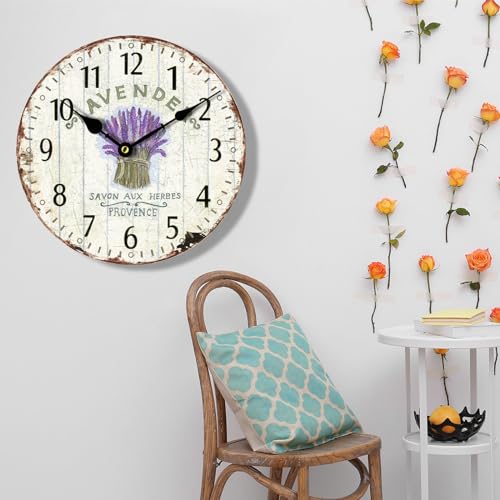 Vintage Wall Clock,16" Farmhouse Wall Clocks French Lavender Style Rustic Country Clocks Silent Clock Upgraded Movement MDF Wooden for Living Room Bedroom Kitchen Decor