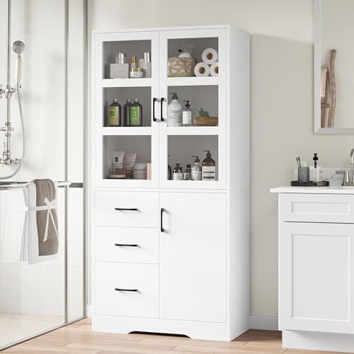 2 Pack Tall Bookshelves with Glass Doors and 3 Drawers, Black F273