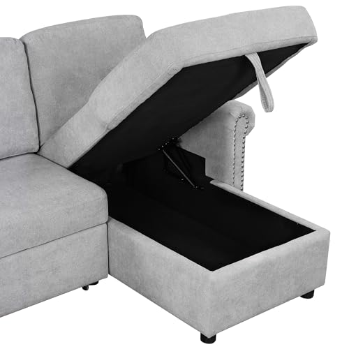 L Shaped Convertible Sleeper Sectional Sofa with Storage Chaise and Pull-out Bed, Velvet Upholstered, Gray O7399