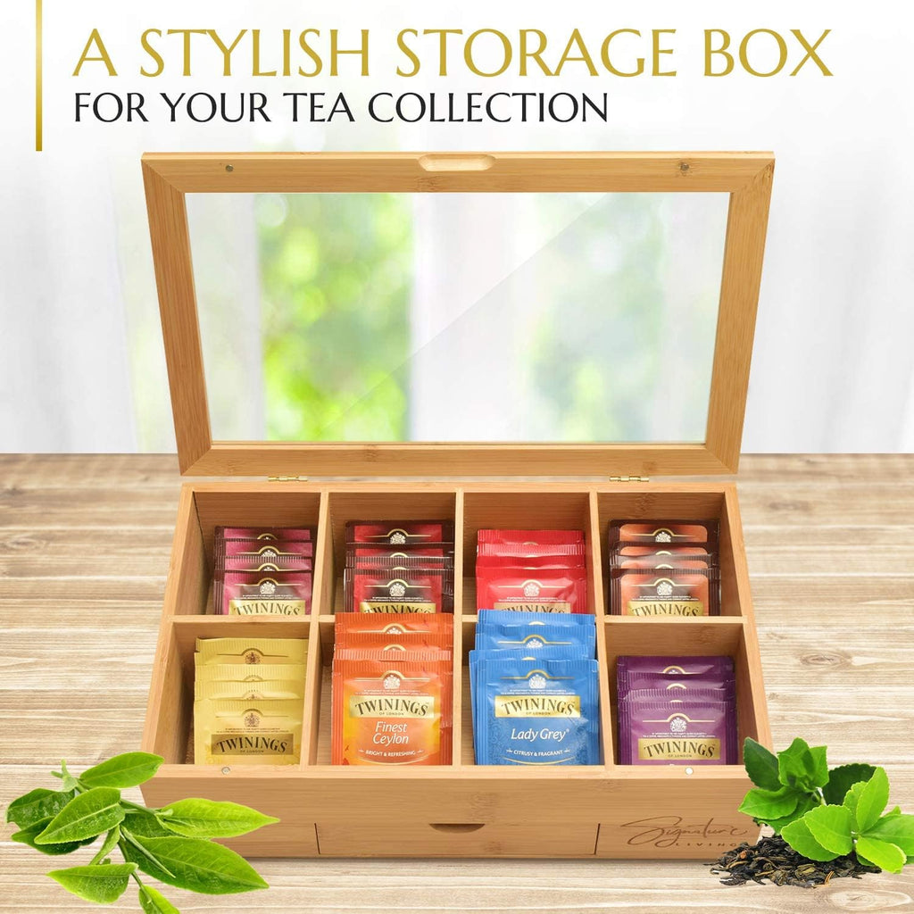 Bamboo Wooden Tea Box Organizer with Drawer, 8 Compartments for Tea Bags and Loose Tea A14165