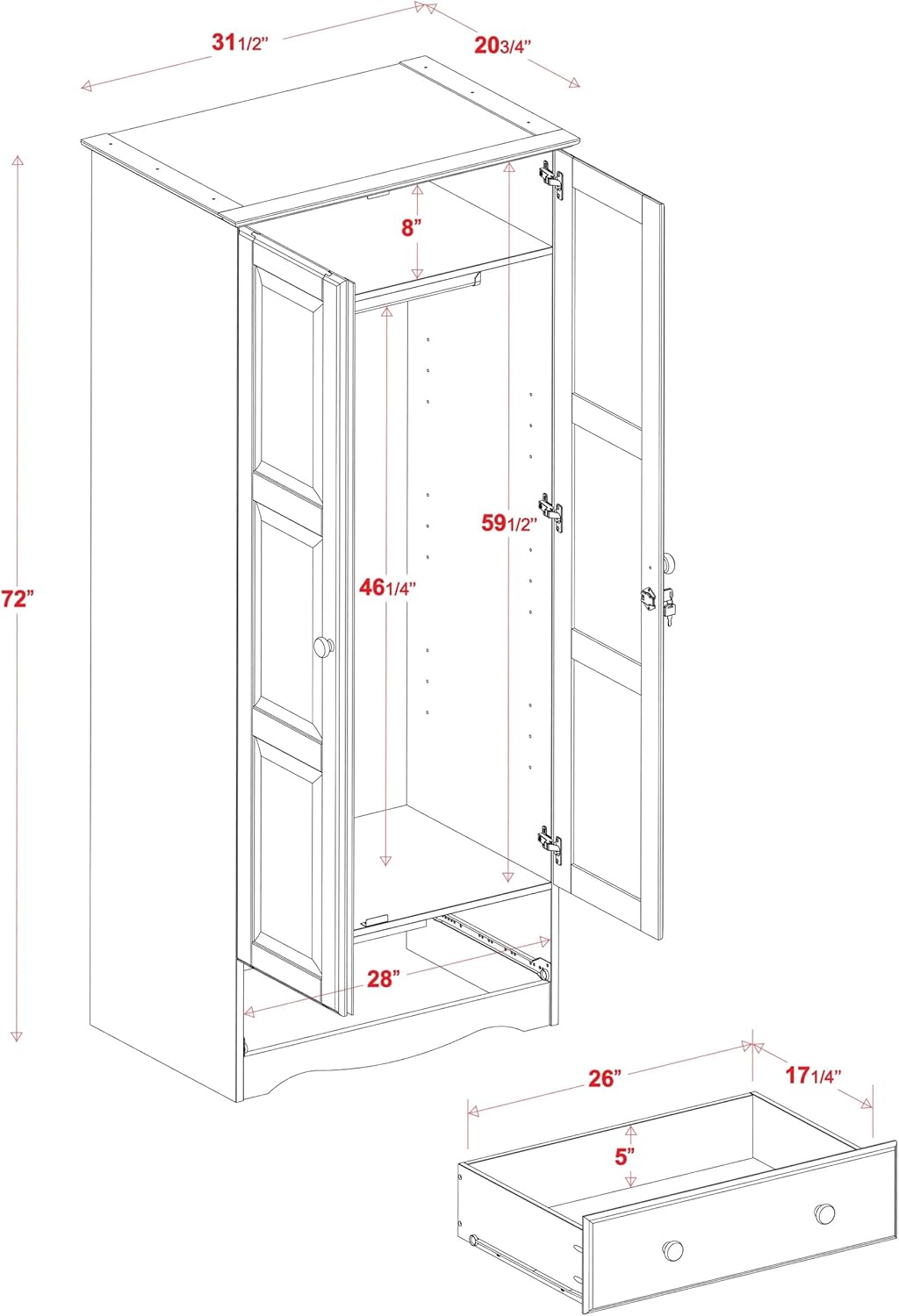 Solid Wood Flexible Wardrobe Armoire with Metal Knobs, Mocha Stained Q33217