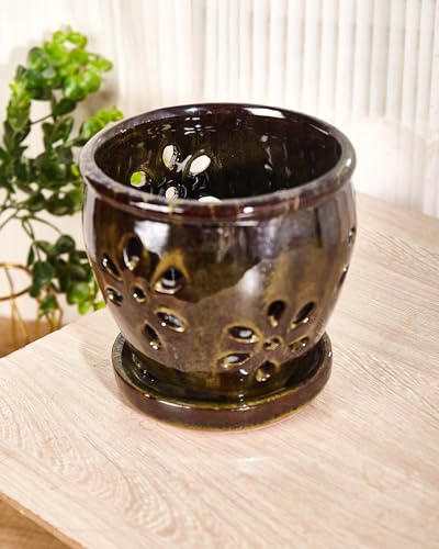 5 Inch Ceramic Orchid Pots with Saucers, Olive Green U487