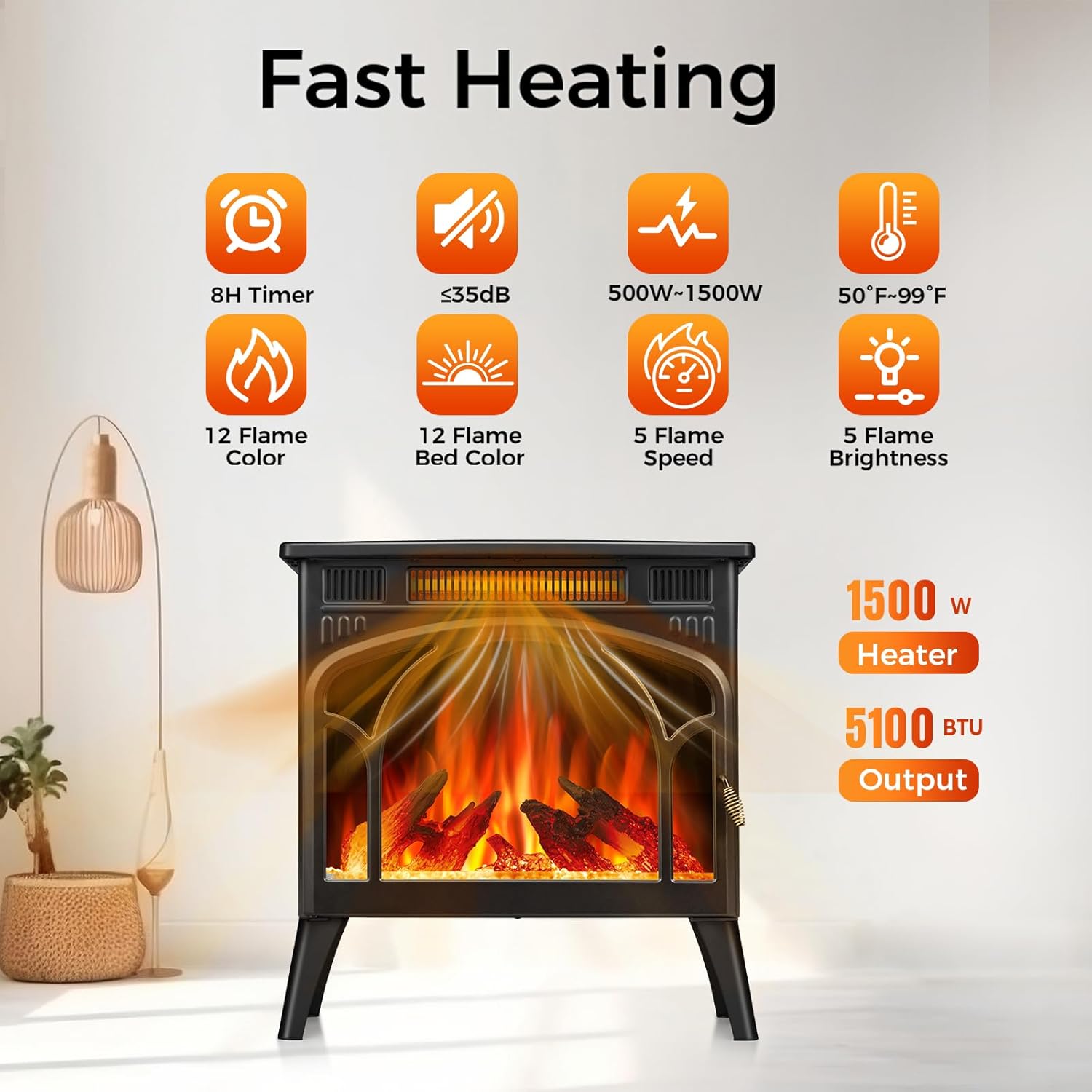 Electric Fireplace Heater, Free-Standing 3D Infrared Stove with Remote Control and Timer S23984