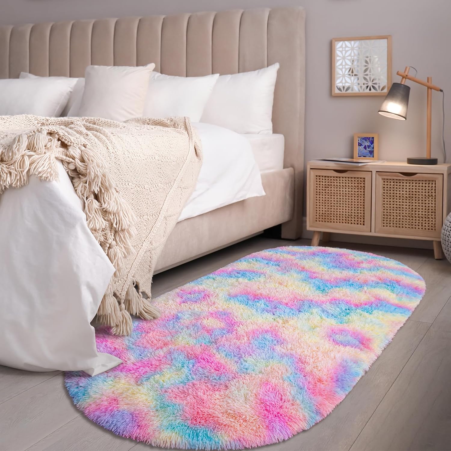 Fluffy Shag Area Rugs for Bedroom, Set of 2, Grey & Rainbow, Oval Indoor Carpet D990699