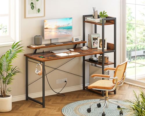 Reversible Gaming Desk with Power Outlets, 40 Inch Computer Desk with Storage Shelves and Monitor Stand U9097