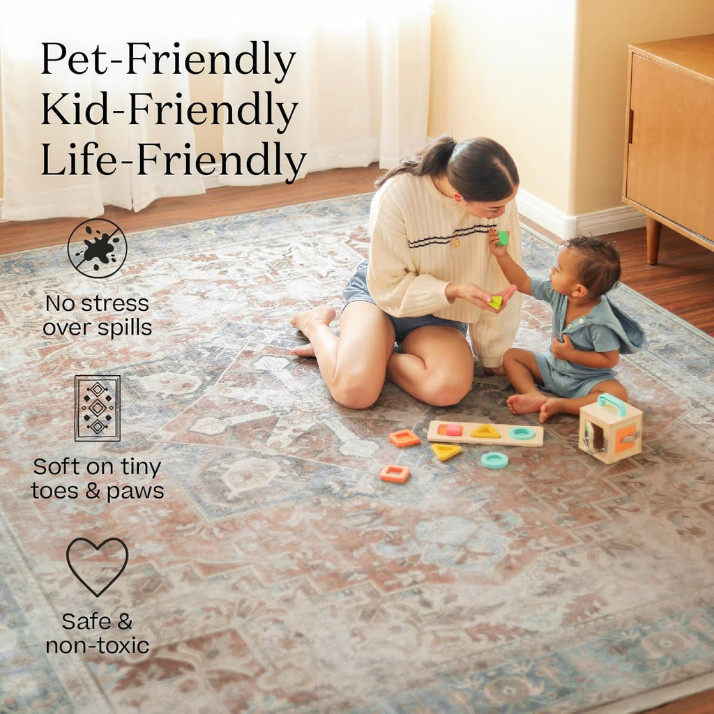 Washable Geometric Area Rug 5x7 - Non Slip, Indoor, Black/Ivory H3744