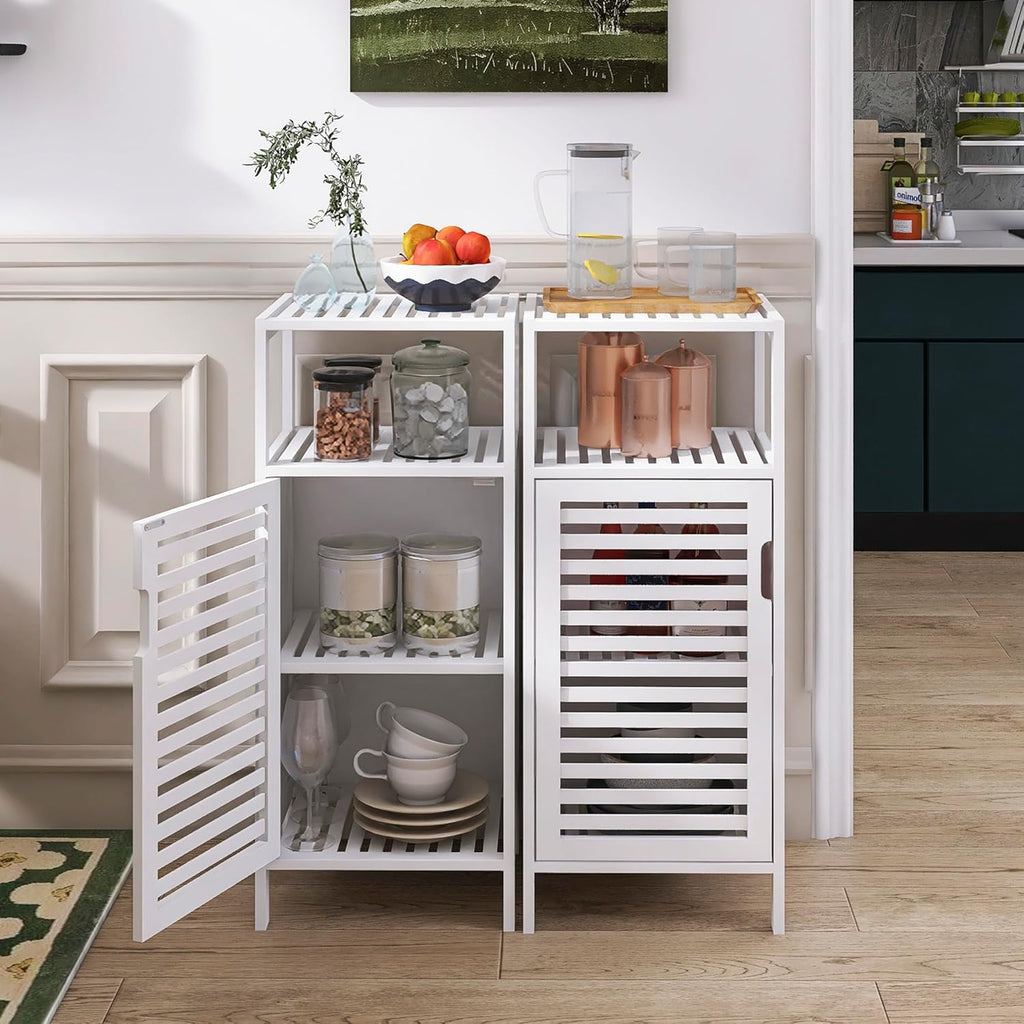 Bamboo Bookshelf Wall Cabinet with Adjustable Shelves and Hanging Hooks, White S151