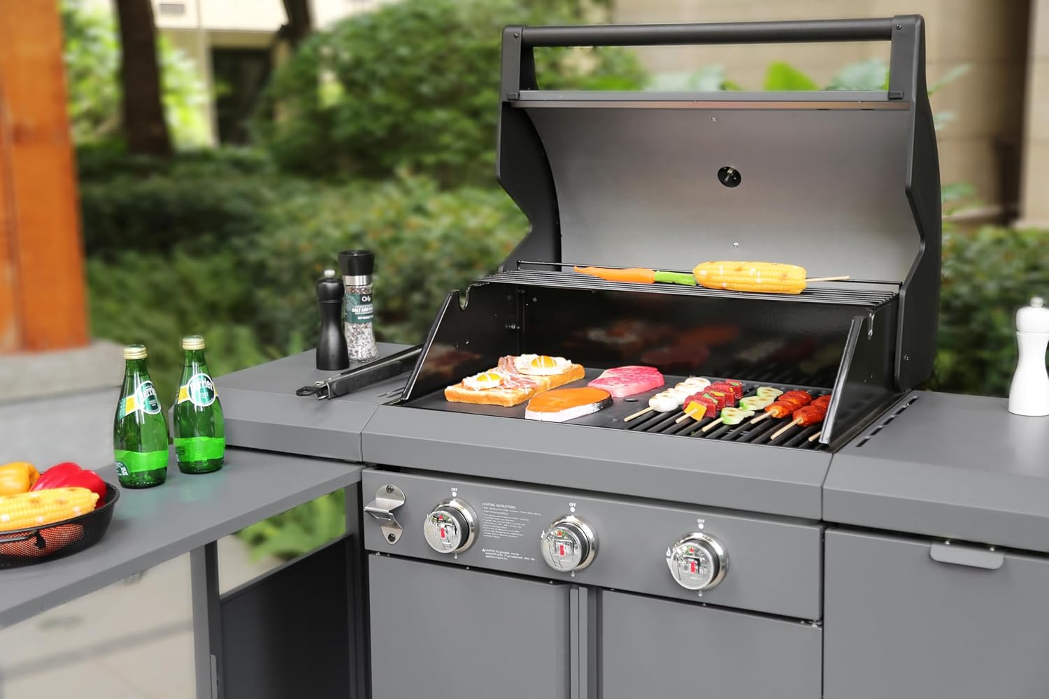 3-Burner Propane Gas BBQ Grill, Stainless Steel Cabinet Style, 30000 BTU, Gray L668