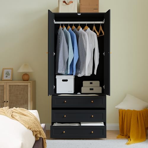 Wardrobe Armoire with 3 Drawers and 2 Doors, Freestanding Wooden Storage Cabinet for Bedroom H146302