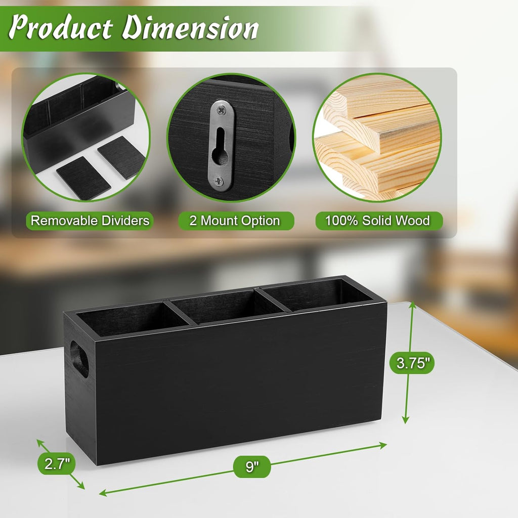 Wall Remote Control Holder with 3 Slots, Wooden, Black T27943