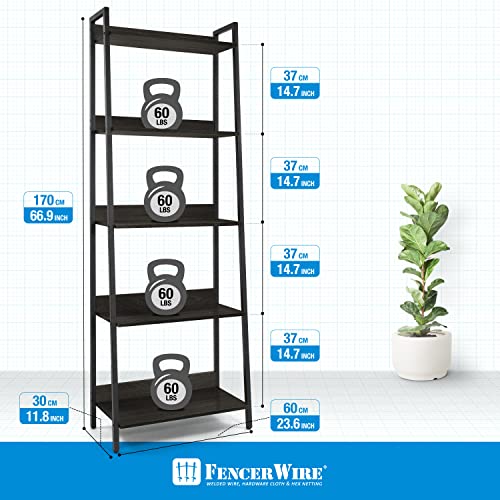 5 Tier Ladder Bookshelf, 24 Inch Wide, Freestanding Bookcase for Home Office, Living Room, Kitchen F694