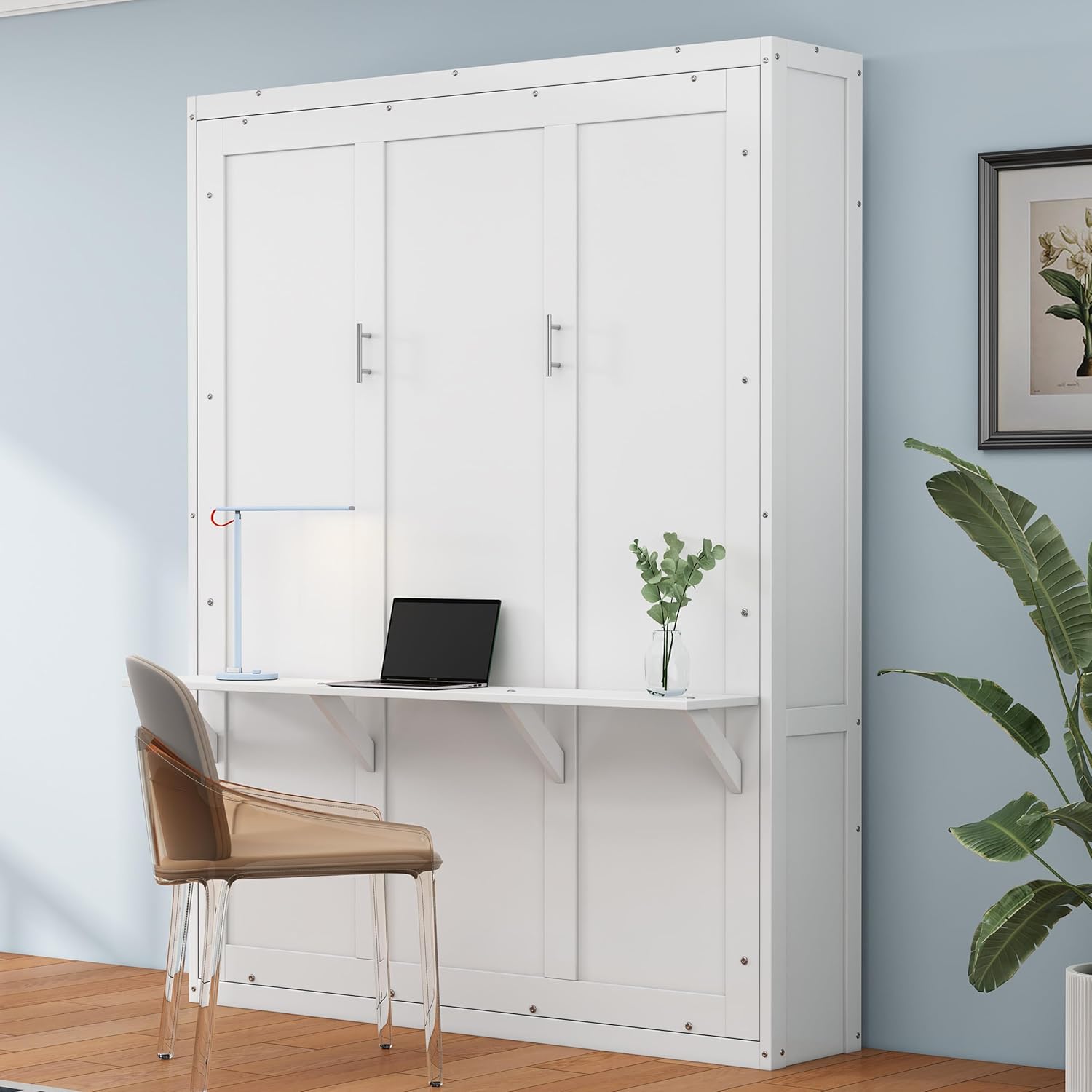 Queen Size Murphy Bed Chest with Desk and Side Storage Cabinet, Solid Pine, Foldable K896821