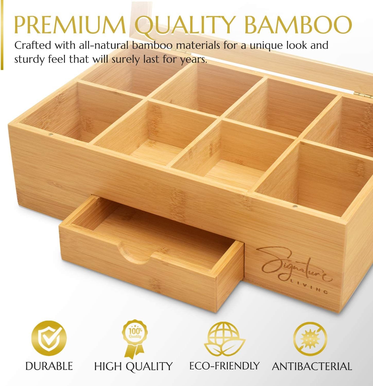 Bamboo Wooden Tea Box Organizer with Drawer, 8 Compartments for Tea Bags and Loose Tea A14165
