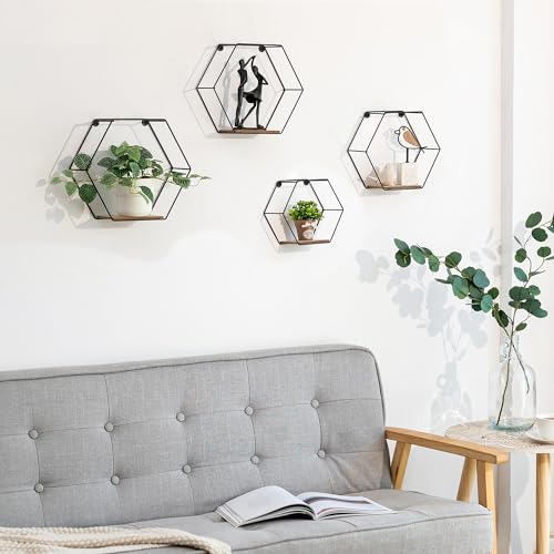Hexagon Shelves Black Metal Wall Mount Set of 4 C784