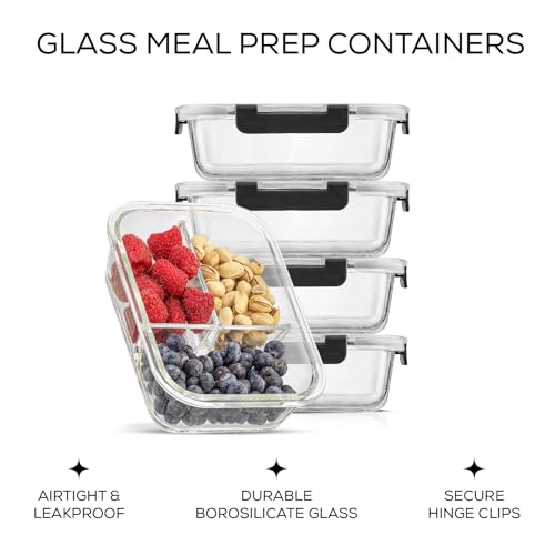 Glass Meal Prep Containers with Lids, 3 Compartment Bento Box, 5 Pack Q376068