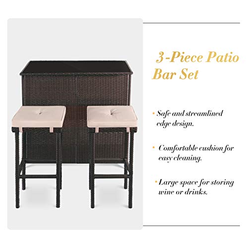 Outdoor Bar Set 3-Piece Brown Wicker Patio Furniture with Glass Top and Two Stools P403769