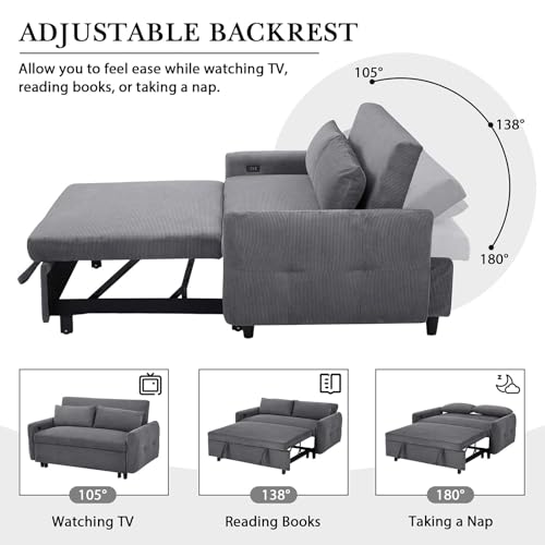 Sleeper Sofa Couch Bed with USB Ports, 57" Corduroy Convertible Futon, Grey S414699