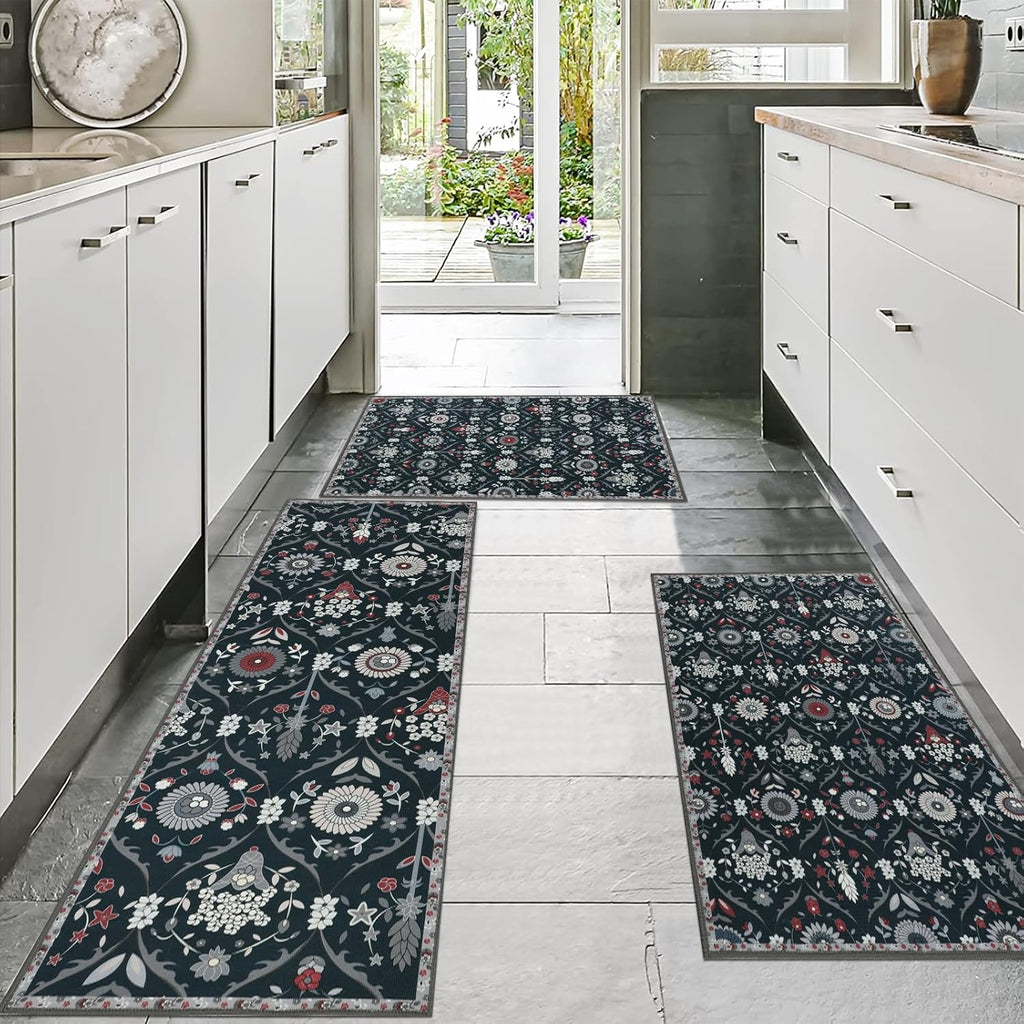Moroccan Trellis Kitchen Rug Set of 3 Non Slip Floral Floor Mats E884889