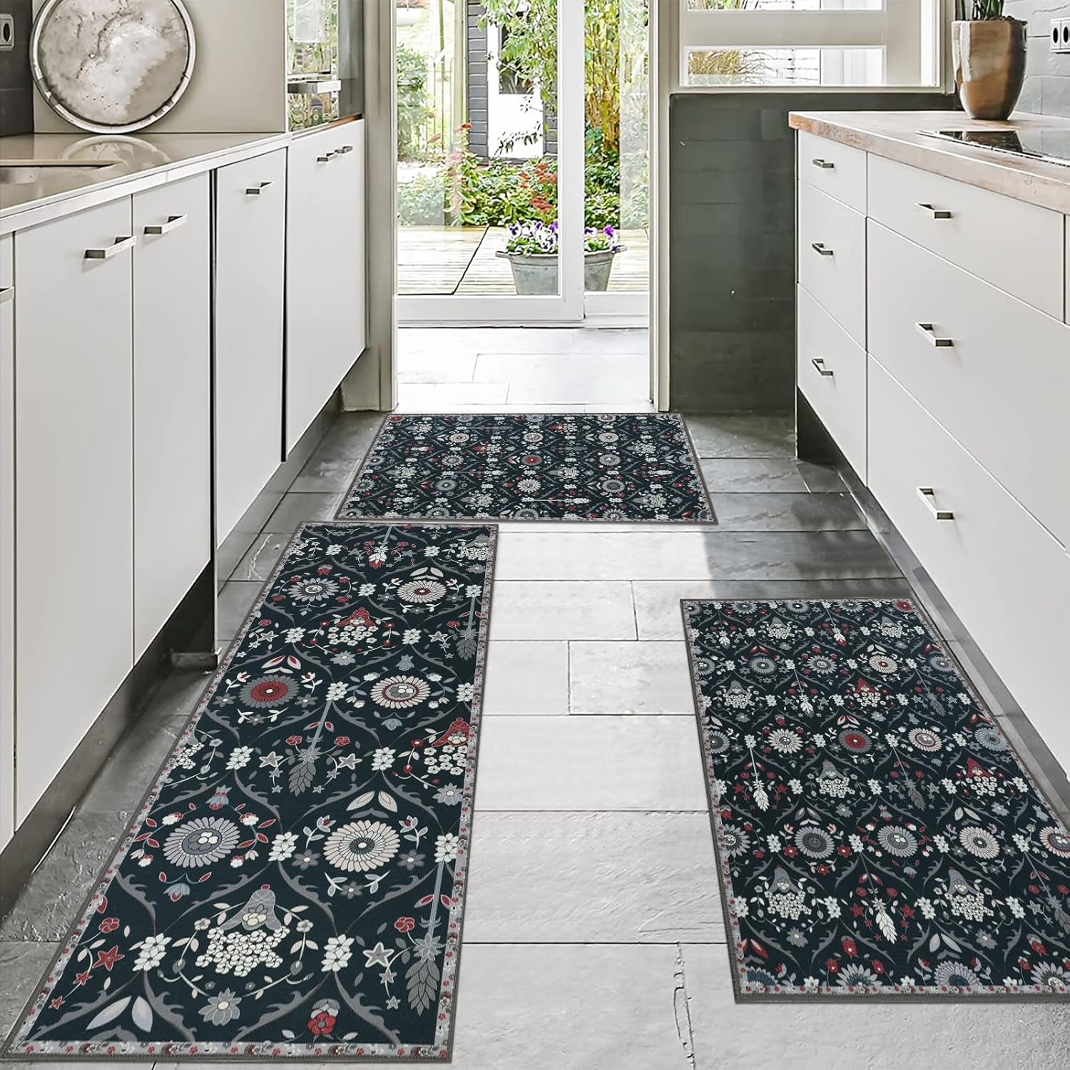 Moroccan Trellis Kitchen Rug Set of 3 Non Slip Floral Floor Mats E884889