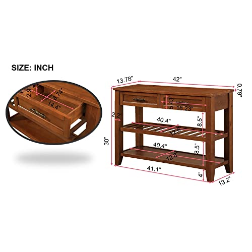 Console Sofa Table with 2 Storage Drawers and 2-Tier Shelves, Solid Wood, Antique White B488324