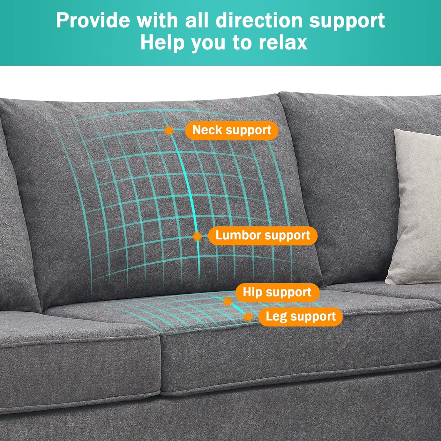Upholstered L-Shape Sectional Sofa with 3 Pillows, Grey T3663