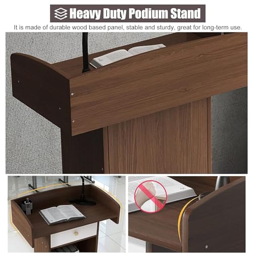 Floor Standing Lectern Podium with Drawer, Wooden Speaking Stand for Classroom and Meeting Rooms U976