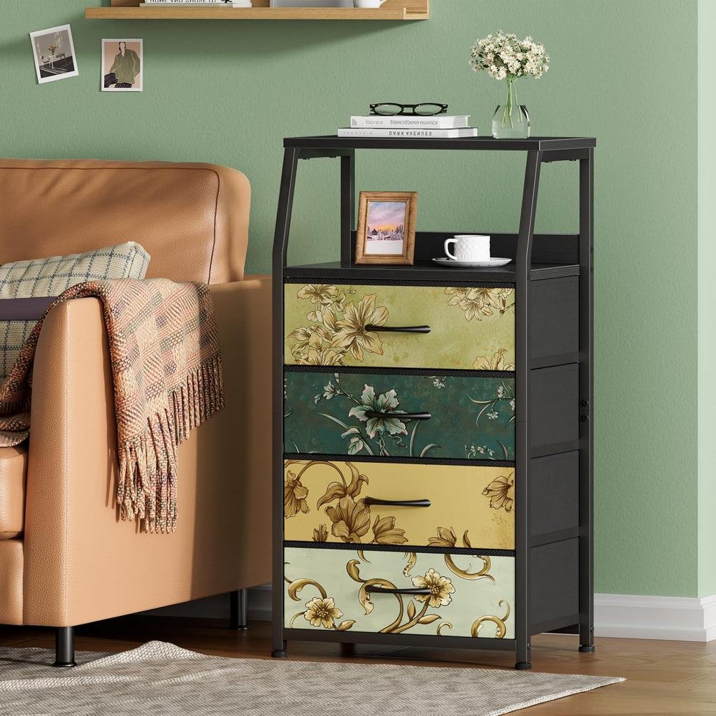 Nightstand with 4 Storage Drawers, LED Light and Charging Station Z553977