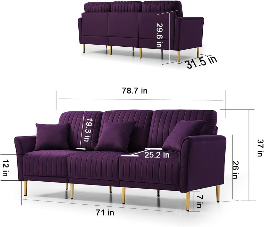 3-Piece Velvet Sectional Sofa Set with Metal Legs, Purple T642494