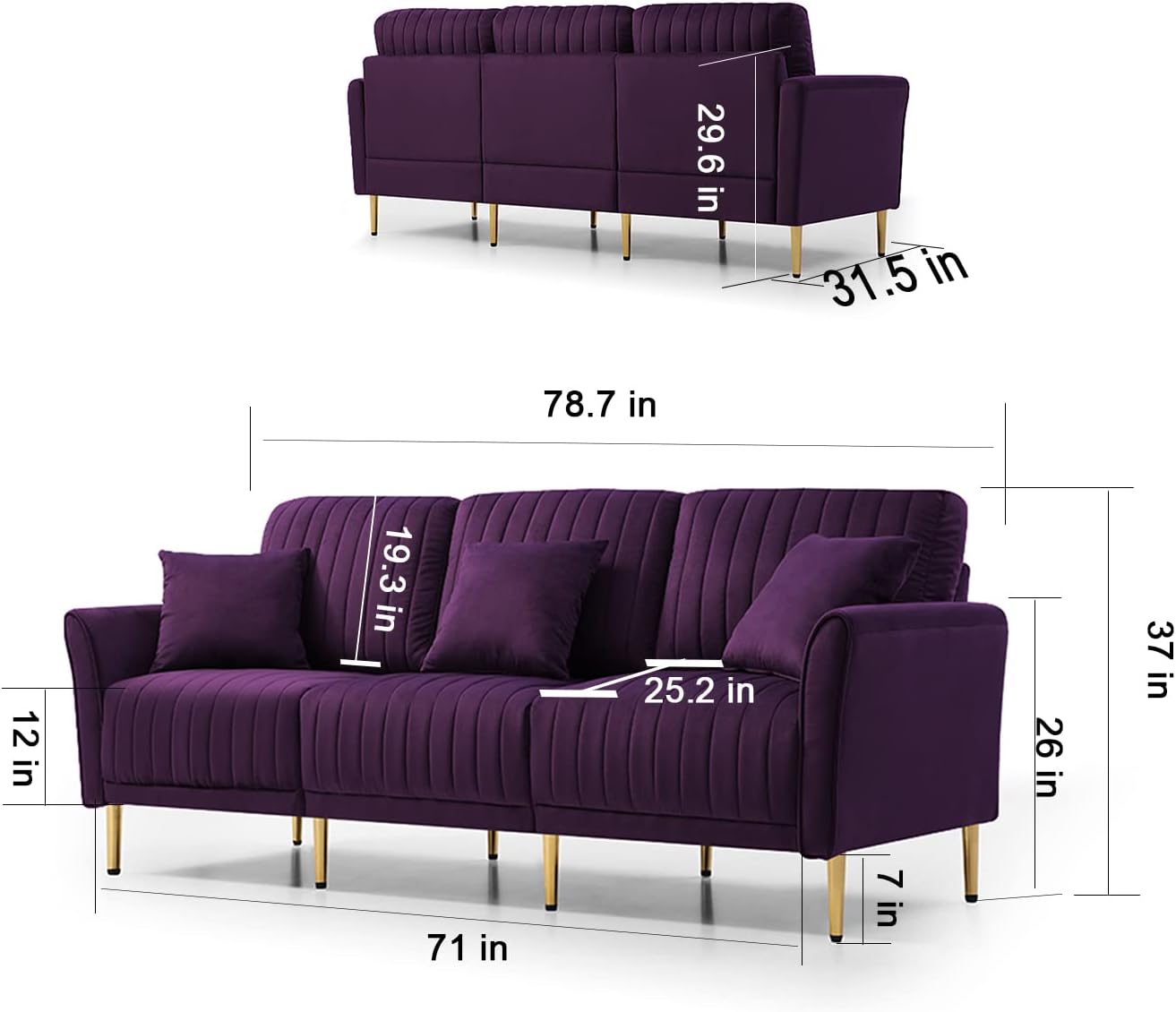 3-Piece Velvet Sectional Sofa Set with Metal Legs, Purple T642494