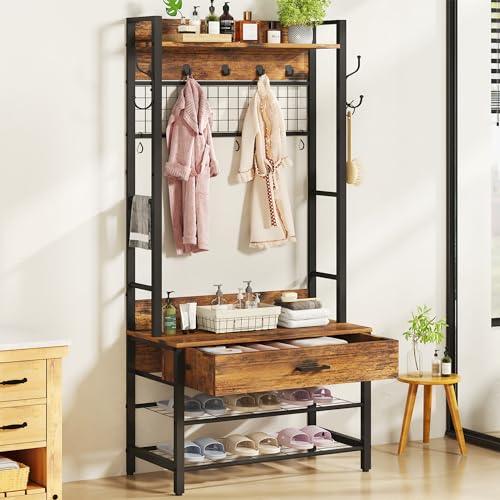 Hall Tree with Bench and Shoe Storage for Entryway, 5-in-1 Coat Rack with 12 Hooks B38564
