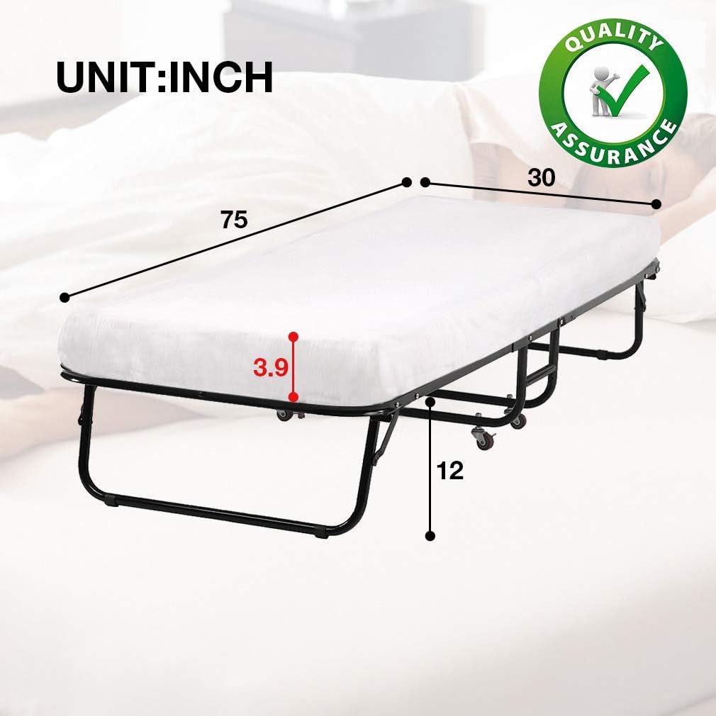 Folding Guest Bed with Wheels Portable Camping Cot with Foam Mattress X84923
