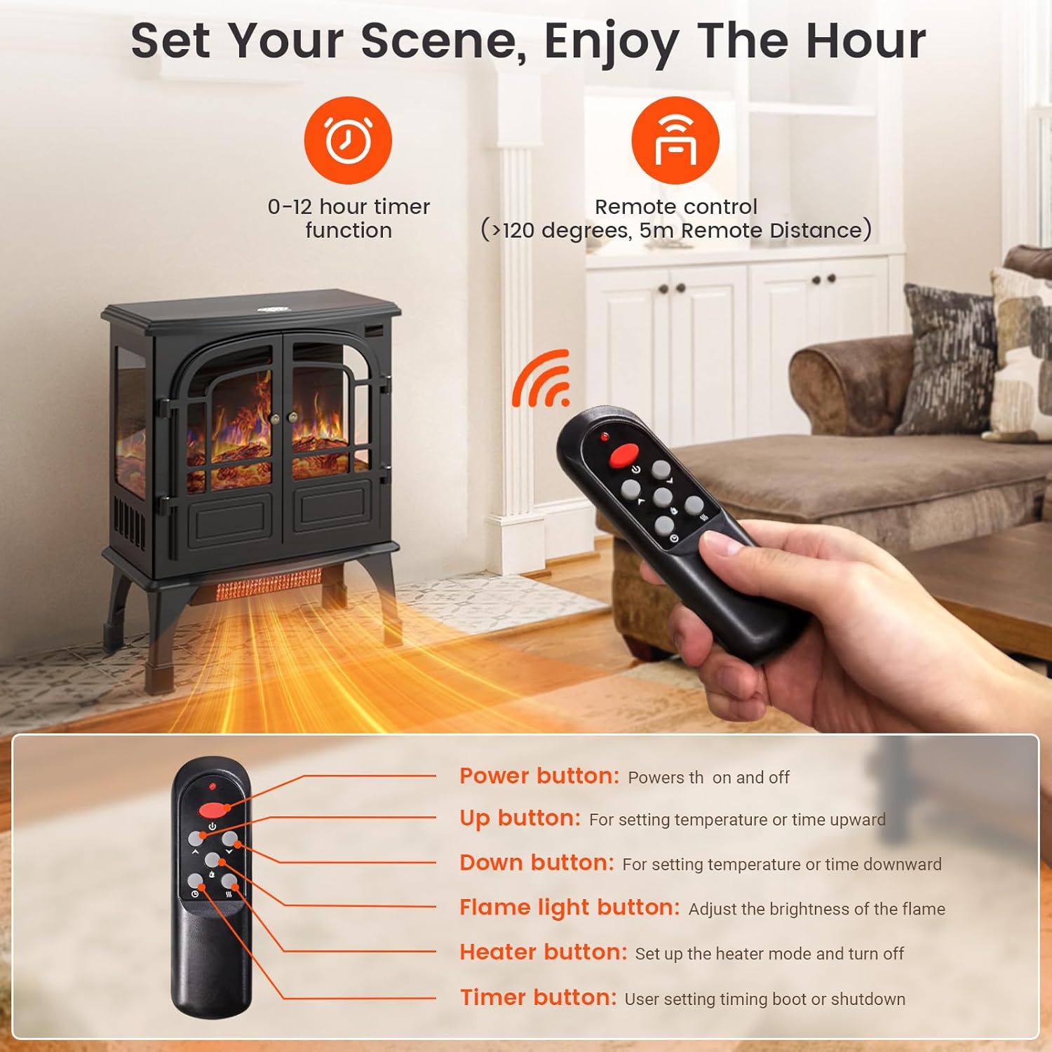 Electric Fireplace Heater with Remote Control, 3D Realistic Flame I403