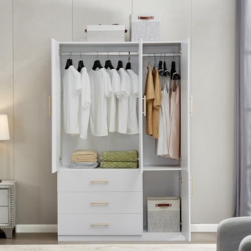 White 4 Door 3 Drawer Wardrobe Closet with Hanging Rod and Shelves R44132