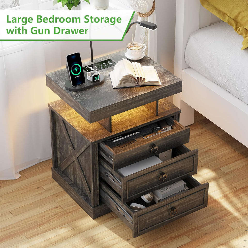Nightstand Side Table with Wireless Charging Station and 2 Drawers J6619