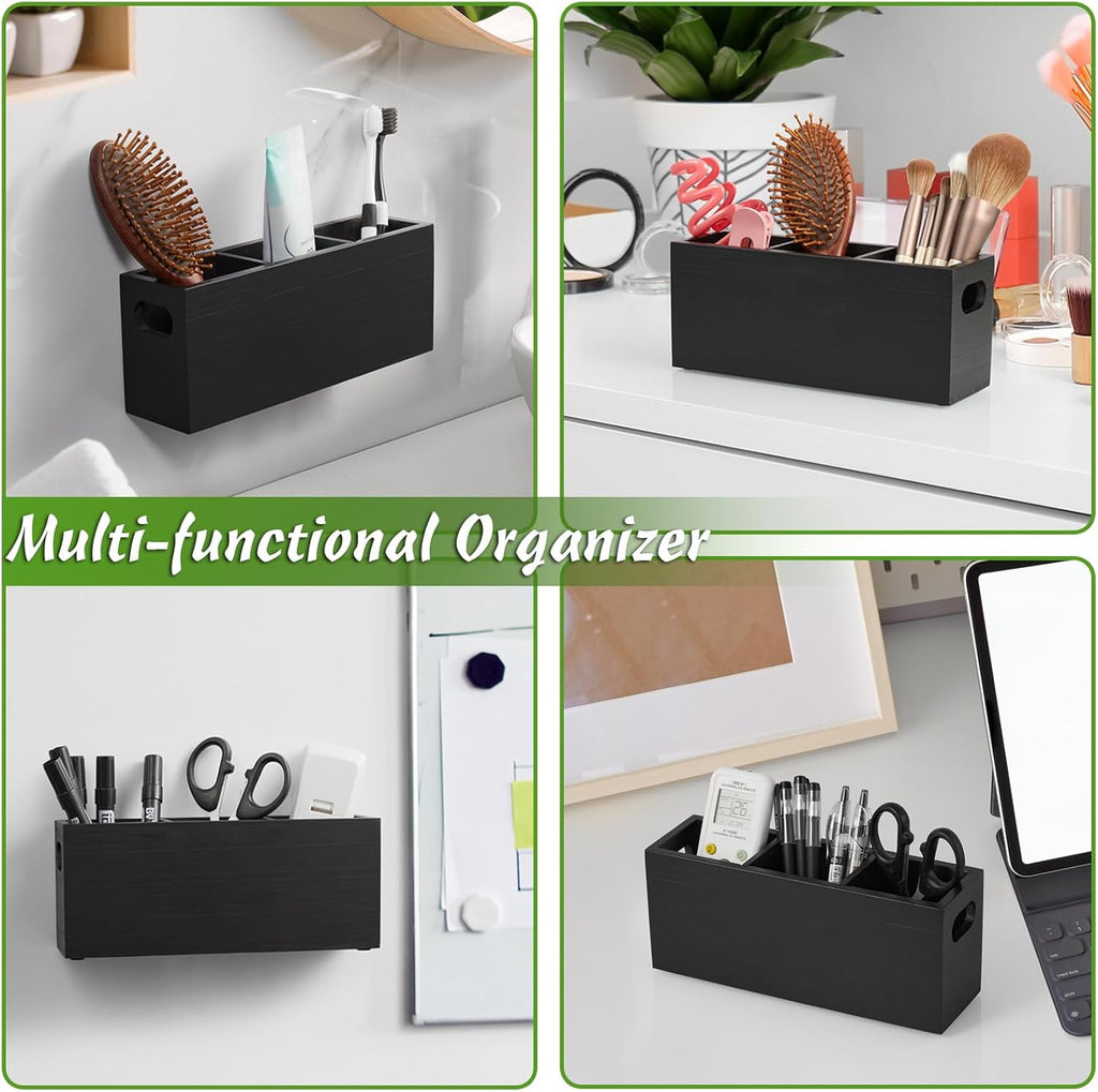 Wall Remote Control Holder with 3 Slots, Wooden, Black T27943