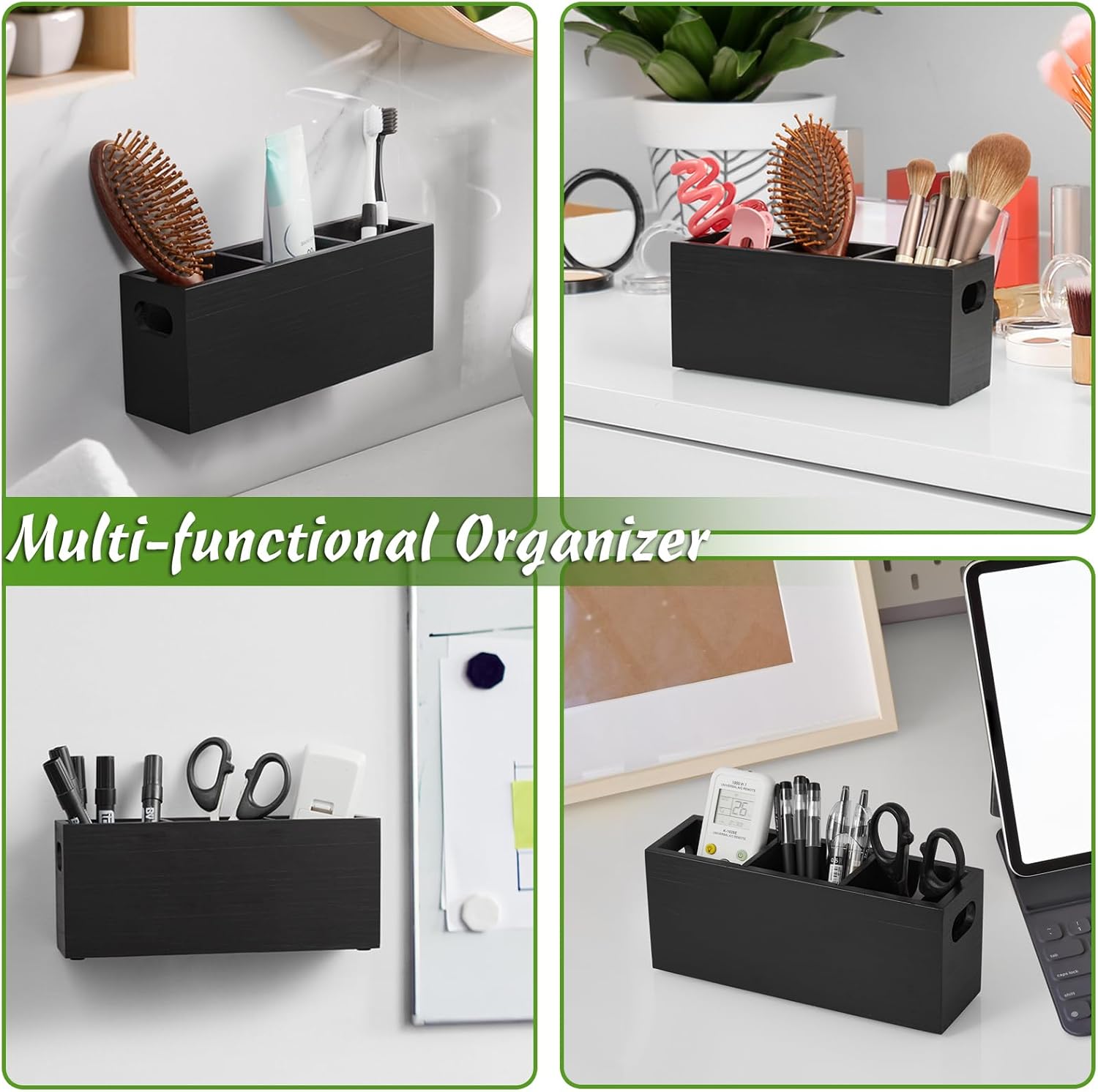 Wall Remote Control Holder with 3 Slots, Wooden, Black T27943