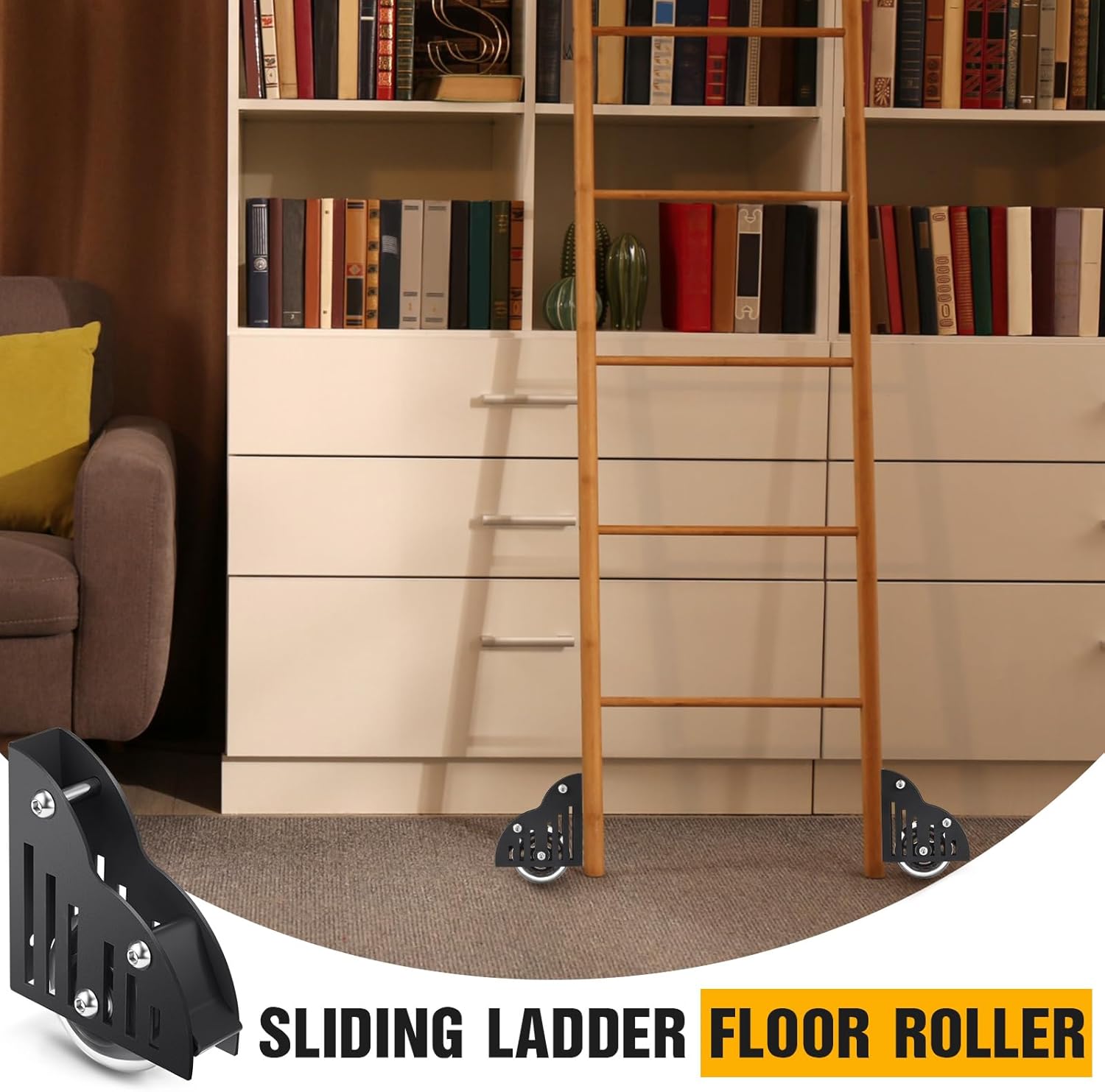 Sliding Library Ladder Floor Roller with Brake, Black K784983