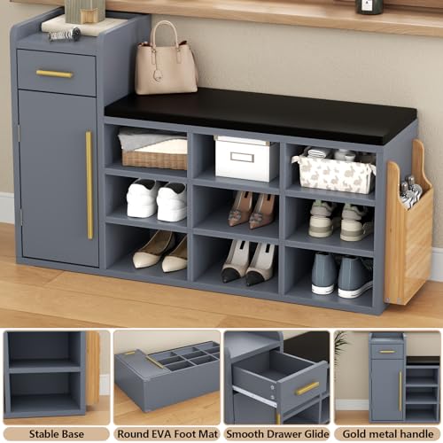 Shoe Storage Bench with 9 Cubbies, Cushion and Drawer Q3460