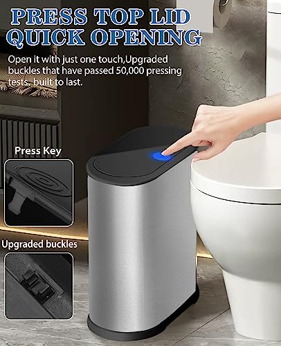 Bathroom Trash Can with Press Top Lid, 2.1 Gallon Slim Stainless Steel S523073