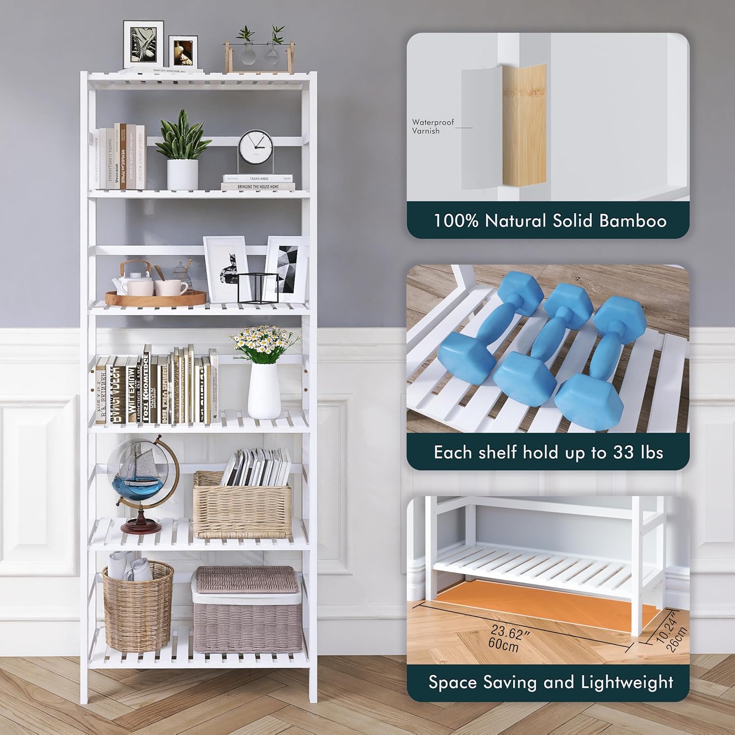 Bamboo Bookshelf Wall Cabinet with Adjustable Shelves and Hanging Hooks, White S151